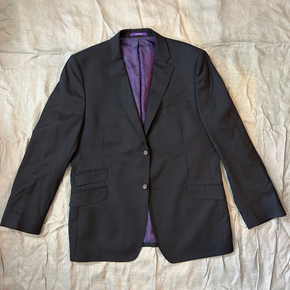 Slim fit Ted Baker dark blue / navy suit jacket / blazer with purple lining
